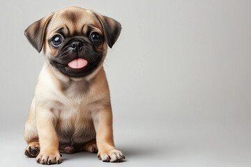 Adorable Fawn Pug Puppy Sitting Down, Tongue Out, Against Gray Background Studio Shot