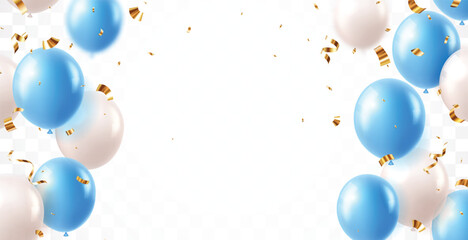Elegant blue white balloons and party confetti ribbon, for happy Birthday celebration card banner template background