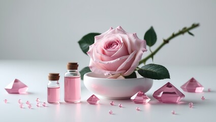 Aromatherapy: Small glass bottles with cosmetic oils, bath salt, and fresh rose as objects used in spa procedures on a white background, including oil, flower, and salt.