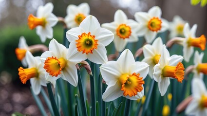 Beautiful blooming daffodil flowers in full bloom.