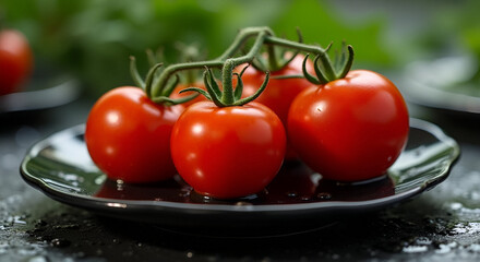 Tomato on Vine with Black Plate