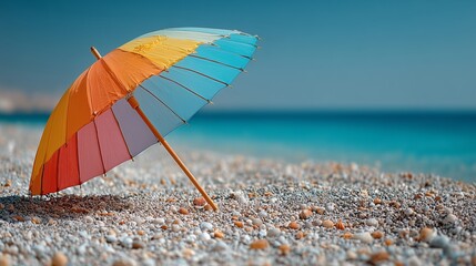 A colorful beach umbrella sits on a sandy shore as gentle waves lap against the beach. The sun sets on the horizon, creating a serene atmosphere.