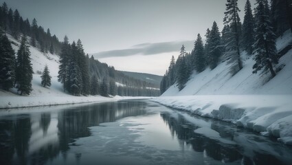 Fototapeta premium A peaceful winter landscape of a snow-covered hillside mirrored in a tranquil river, bordered by dense evergreen forests beneath a gentle sky.