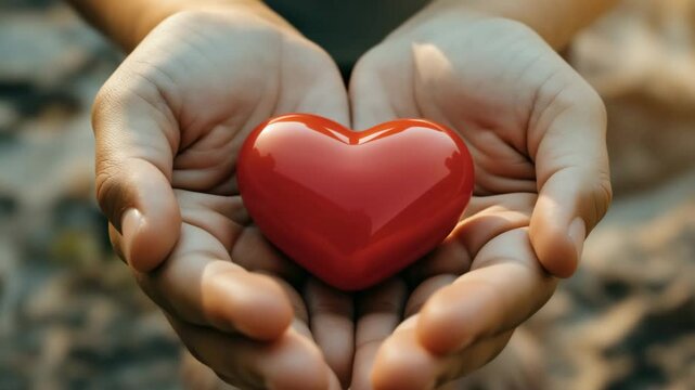Symbolische Geste der N&auml;chstenliebe mit rotem Herz in H&auml;nden. K&uuml;nstliche Intelligenz KI