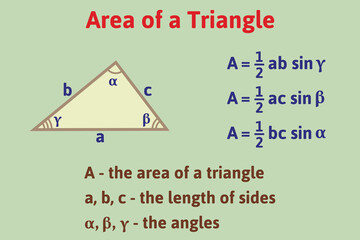 Area of a triangle formula. Education. Science. School. Vector illustration.