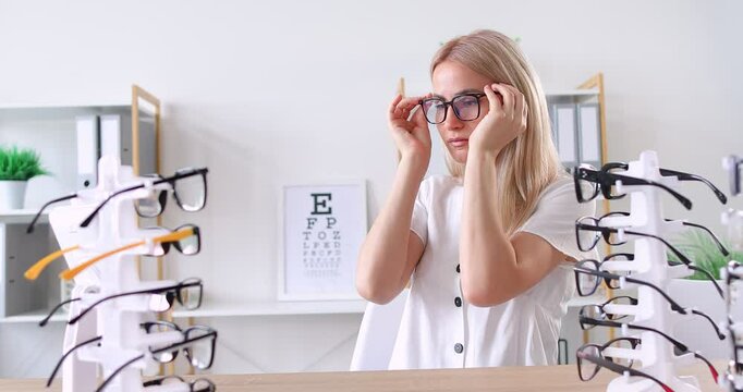 Ophthalmologist giving glasses to woman in clinic, store to choose correct medical vision service, solving optometry problems, testing, stylish optical quality eyewear, lightweight modern frames
