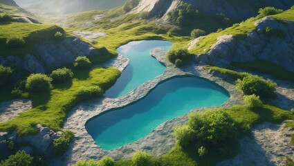 Aerial view of a high-altitude hut adjacent to a tranquil mountain lake encircled by a rocky landscape
