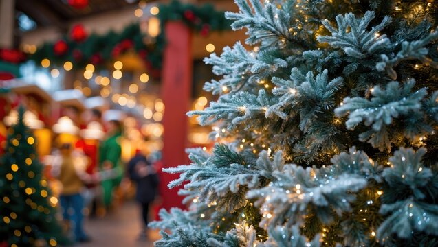 Close-up of a Christmas tree covered in snow, with a photo of the top of a pine tree in the mall adorned with snowflakes against the background of the ceiling and interior of the mall.