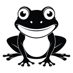 Black cartoon frog sitting cheerfully with a cute smile looks ahead on white