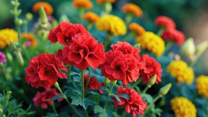 Fototapeta premium Beautiful geranium flowers growing amidst a field of marigolds.