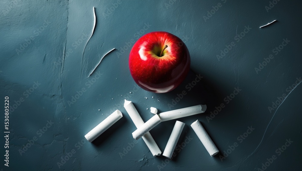 Poster back to school idea featuring a red apple and chalk set against a blackboard background with space f