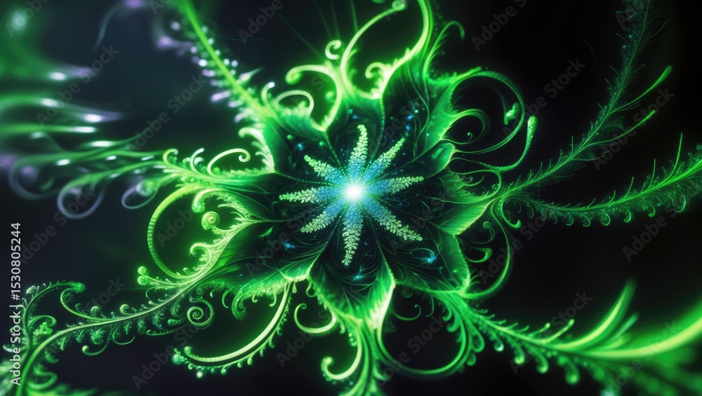 Poster abstract green fractal composition illustrating a magic explosion star surrounded by particles.