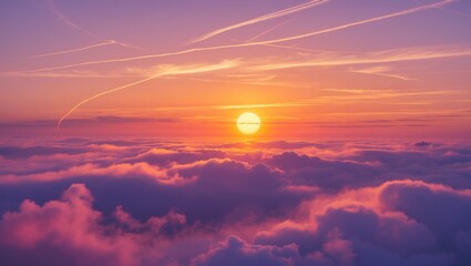 AERIAL scene as the setting sun emits golden rays across a sea of clouds, producing a magical view. Warm, golden light illuminates the landscape, causing the sky and fog to glow as evening approaches.
