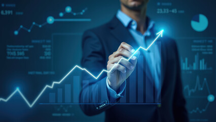Futuristic Businessman Drawing Glowing Financial Chart on Holographic Interface