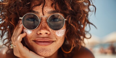 Freckled young woman relaxes on beach in stylish sunglasses during sunny summer day