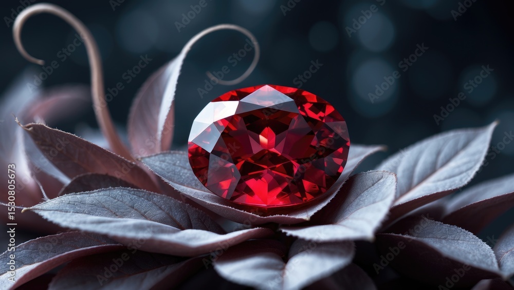 Aufkleber a red ruby gem displayed on a leaf.