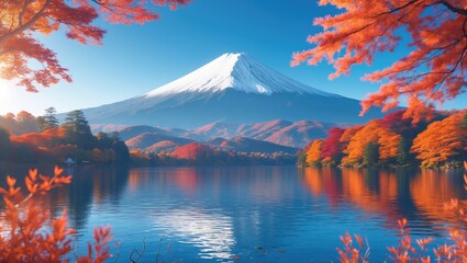 Obraz premium A stunning vista of Fuji mountain and Kawaguchiko lake during Autumn season in Yamanashi, Japan