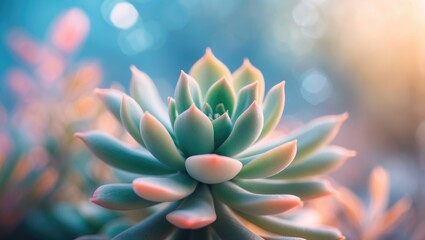 Fototapeta premium A graceful succulent with pastel-colored, soft leaves resting in a dark, smooth planter under gentle daylight.