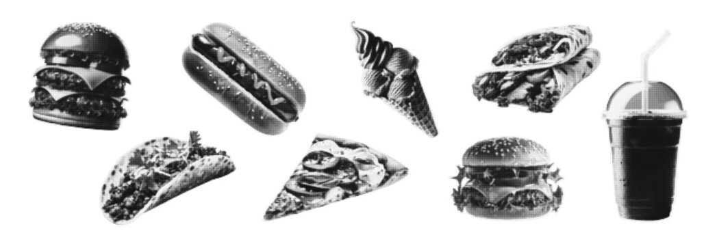 Trendy halftone collage fast food elements set. Burger, waffles, donuts, pizza, ice cream, hot dog, drink, tacos. Vintage vector dotted stickers. - Powered by Adobe