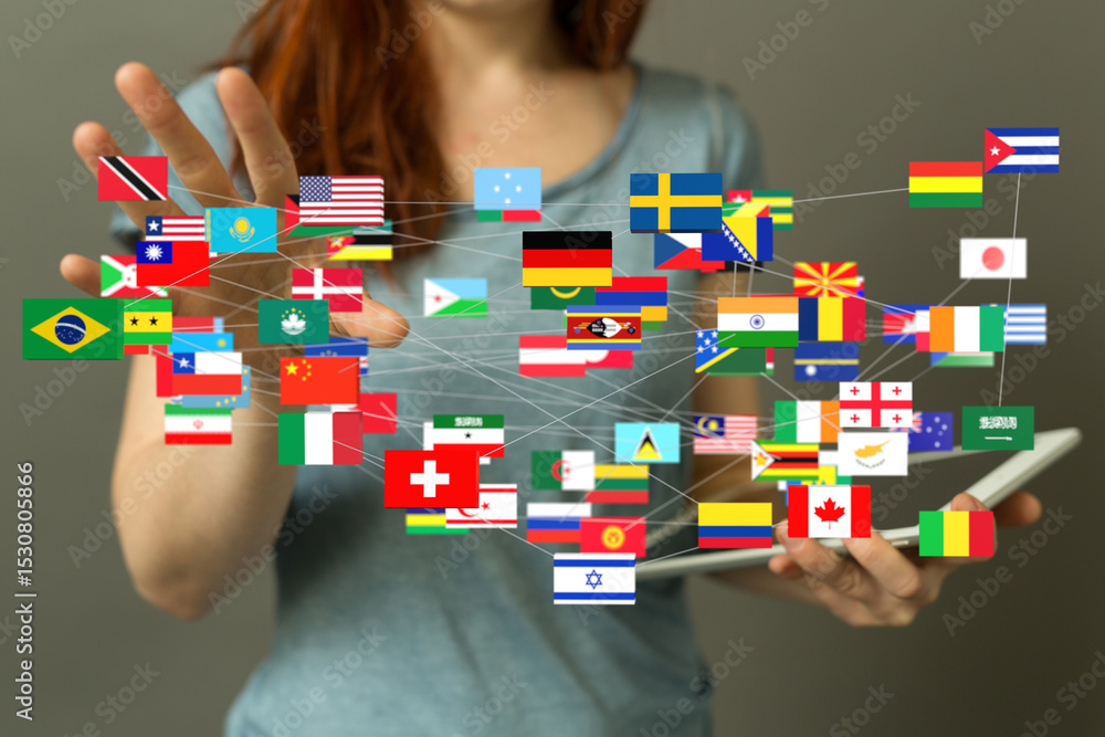 Aufkleber Image of a woman connecting with various countries' flags, representing global communication and networking.