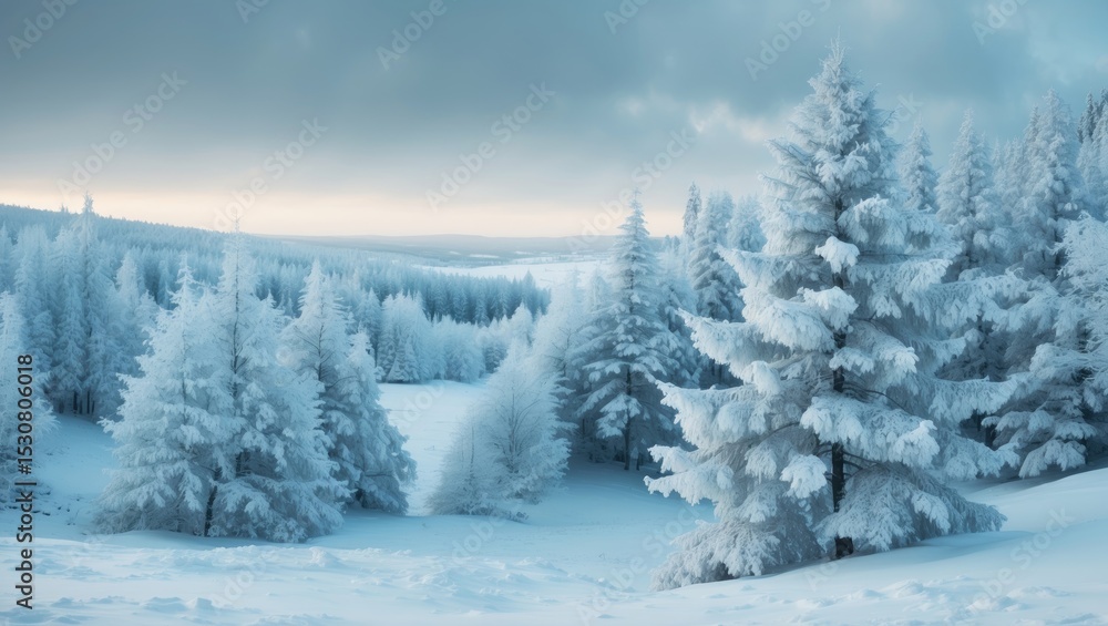 Poster aerial view of a winter woods with a snowy tree branch in a perspective of the winter forest.