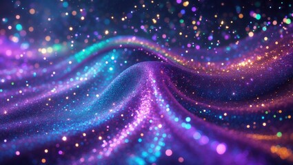 Abstract neon rainbow colored glitter particles flow with shallow depth of field underwater dust, creating a disco magic shimmering effect for an undersea festive party backdrop.