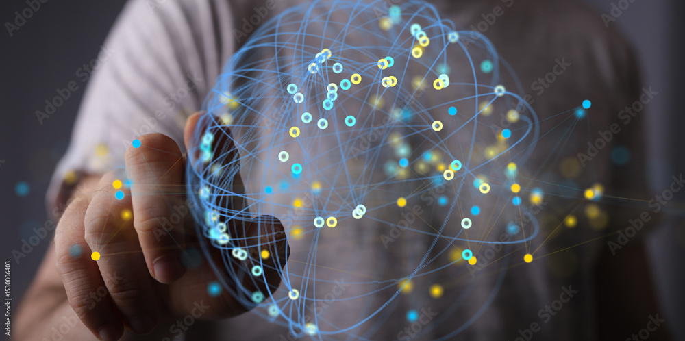 Aufkleber Abstract image of a person interacting with a digital global network.  Represents connection, technology, and innovation.