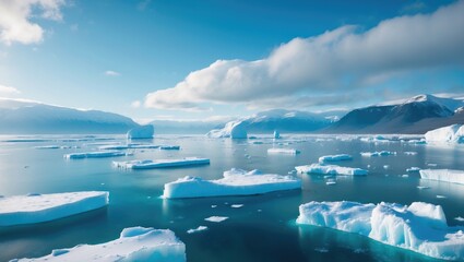 Arctic Polar Mountain Coast Aerial View. Snow-Covered Antarctica Ocean Landscape Panorama. North Nature Horizon Breathtaking Drone Shot.