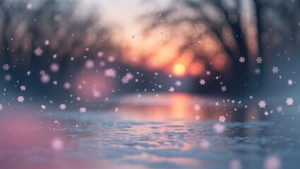 A serene pastel sunset reflecting on a frozen lake with a blurred background, surrounded by gentle snowflakes, forming a peaceful winter scene ideal for nature enthusiasts.