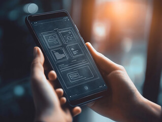 Person using mobile phone with wireframe application interface displayed on screen
