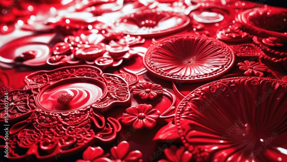 Poster abstract of etched glass in cranberry color with intricate patterns.