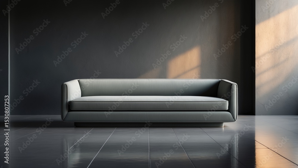 Poster an elegant dark-colored sofa positioned against a dark wall. a single object on a dark background wi