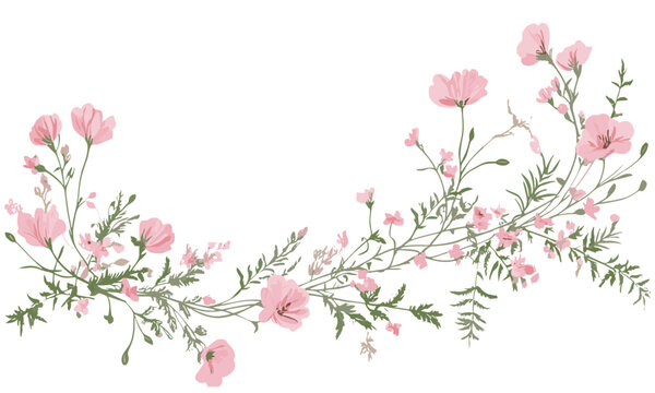 Vector illustration of floral border with pink wildflowers and foliage, suitable for invitation card for holiday, wedding or birthday, watercolor garden, floral template, botanical frame.