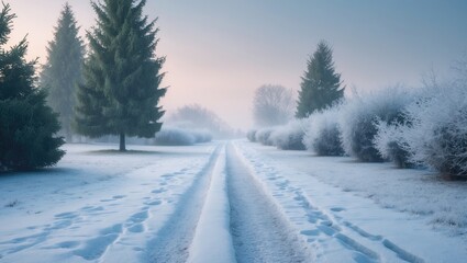 Fototapeta premium A peaceful winter morning under bright skies is enhanced by a tranquil path lined with snow-laden trees that invites leisurely strolls.