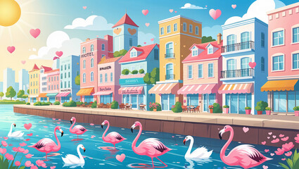 Cartoon illustration of a romantic cityscape with flamingos and a river featuring love symbols