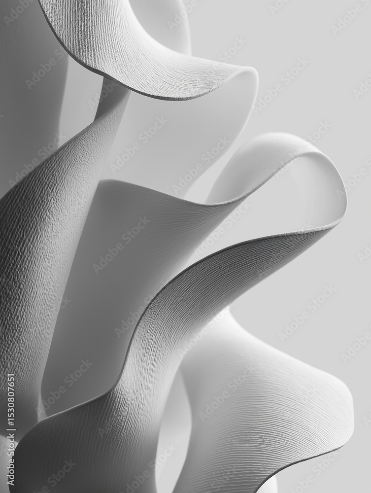 Poster abstract white paper sculpture with undulating shapes and subtle textures, showcasing fluidity and i