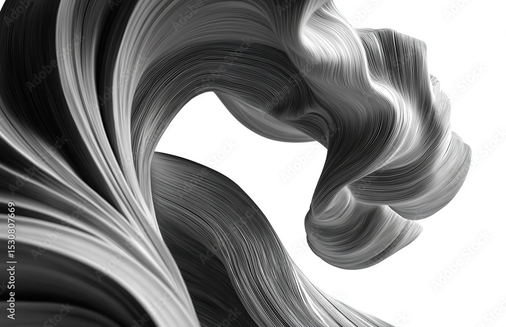 Aufkleber abstract monochrome 3d fluid wavy shape with dynamic curves and smooth texture, isolated on clean wh