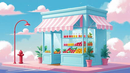 Charming illustrated fruit shop with colorful fruits and beverages on a bright sunny day