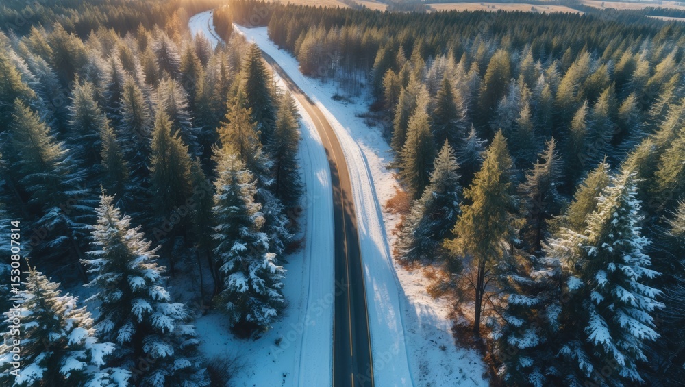 Poster aerial perspective of a snowy road traversing a dense forest, with snow-covered trees and sunlight c