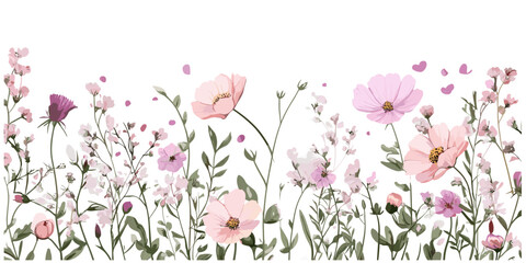 Vector illustration, wildflowers and pink floral border, wedding card design, birthday invitation, bohemian style, hand-painted bouquet, foliage pattern, png, nature inspired floral art.