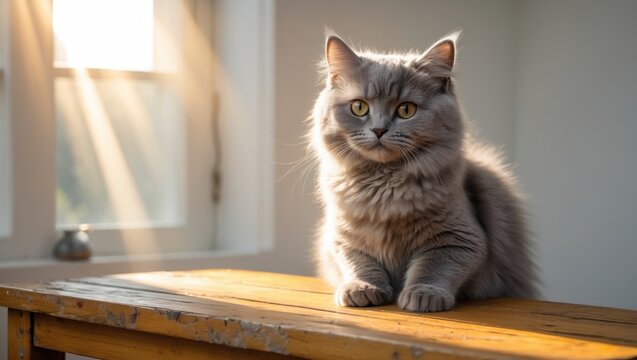 Charming gray cat or kitten sitting on a table in the sunshine. Excellent picture.