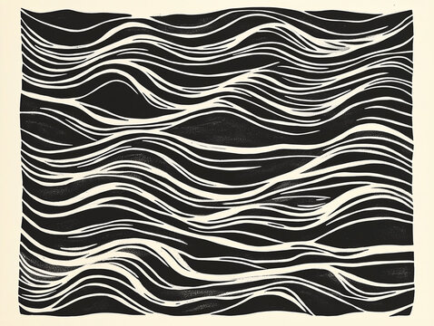 seamless black wave pattern, linocut style