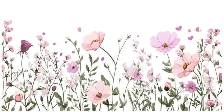 Vector illustration, wildflowers and pink floral border, wedding card design, birthday invitation, bohemian style, hand-painted bouquet, foliage pattern, png, nature inspired floral art.