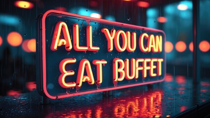 All You Can Eat Buffet Neon Sign visible through a rainy restaurant window