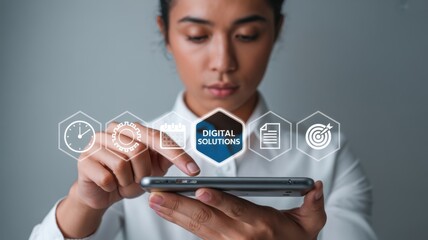 Woman interacts with a smartphone displaying digital solutions.