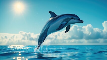 Beautiful dolphin jumping out of the Blue Ocean.
