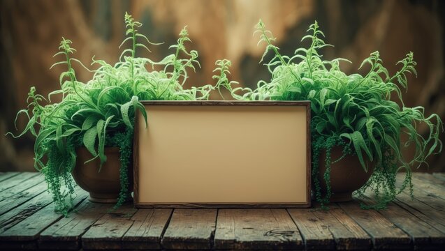 Background featuring plants on a wooden table with space for text