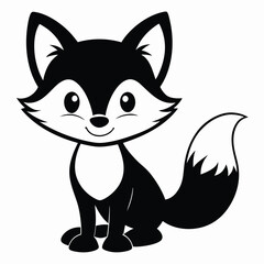 Black and white illustration depicts a charming cartoon fox sitting down gracefully