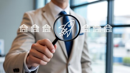 Magnifying glass highlighting a rocket ship over several buildings.