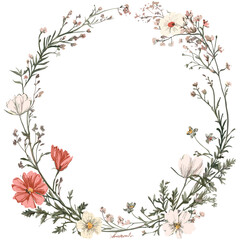 Floral frame with wildflowers, hand drawn greeting card for wedding, birthday and holidays, vector illustration, botanical clipart, vintage floral elements, cutout, watercolor bouquet.